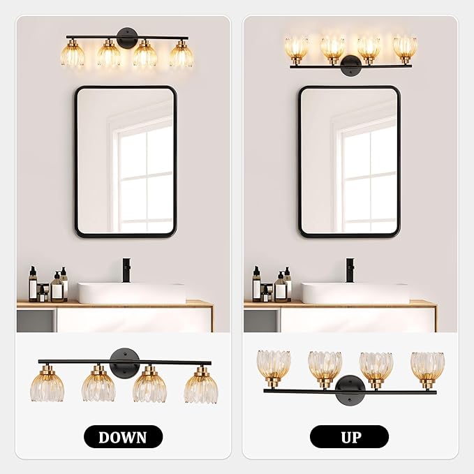 TALOYA Bathroom Vanity Light Fixtures, 4-Light Black and Gold Wall Lights for Mirror with Gradient Amber Tulip Glass Shades, Over Sink Lighting for Bedroom, Living Room, Hallway