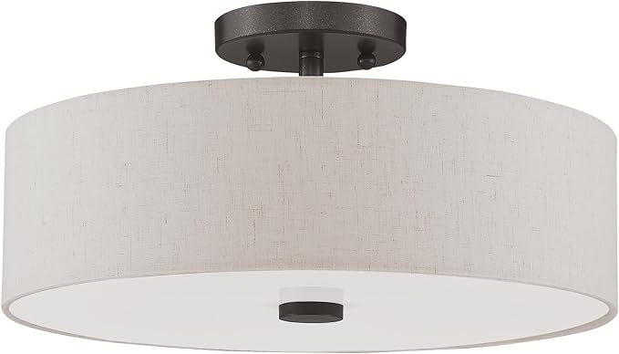 Livex Lighting 52135-92 Meridian Collection 3-Light Semi Flush Mount Ceiling Fixture with Oatmeal Color Fabric Hardback Drum Shade and Satin White Diffuser, English Bronze