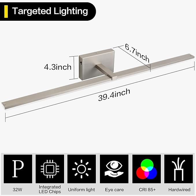ZUZITO 40 Inch Modern Vanity Light for Bathroom Brushed Nickel Over Cabinet Arm Extra Wide LED Bar 6000K Daylight