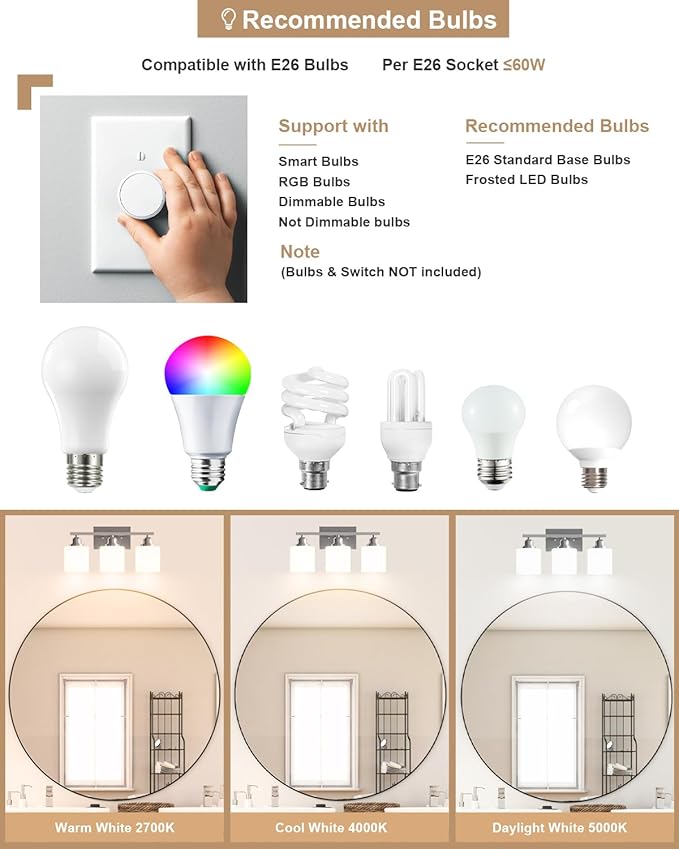 Sailstar Bathroom Light Fixtures Over Mirror, 3-Light Vanity Lights Brushed Nickel, Modern Bathroom Vanity Light, Glass Shade & Anti-Rust Nickel Finished, Bathroom Light for Small Space