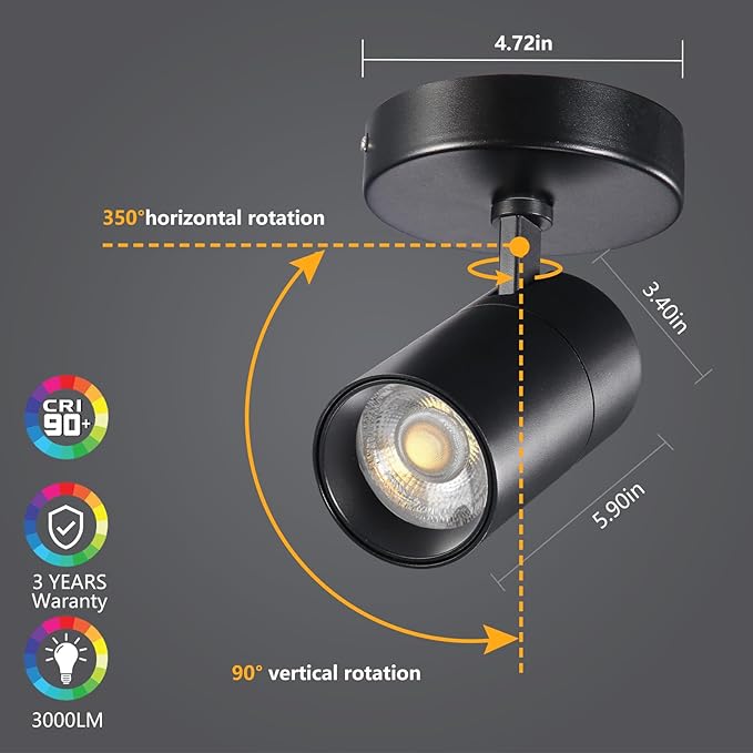 VANoopee 3-Color Dimmable Ceiling Spotlight Flush Mount Adjustable Spotlight Directional LED Spot Lights Indoor Bright Accent Monopoint Fixture for Wall Living Room Bedroom -CRI90 36° 30W 3000lm Black