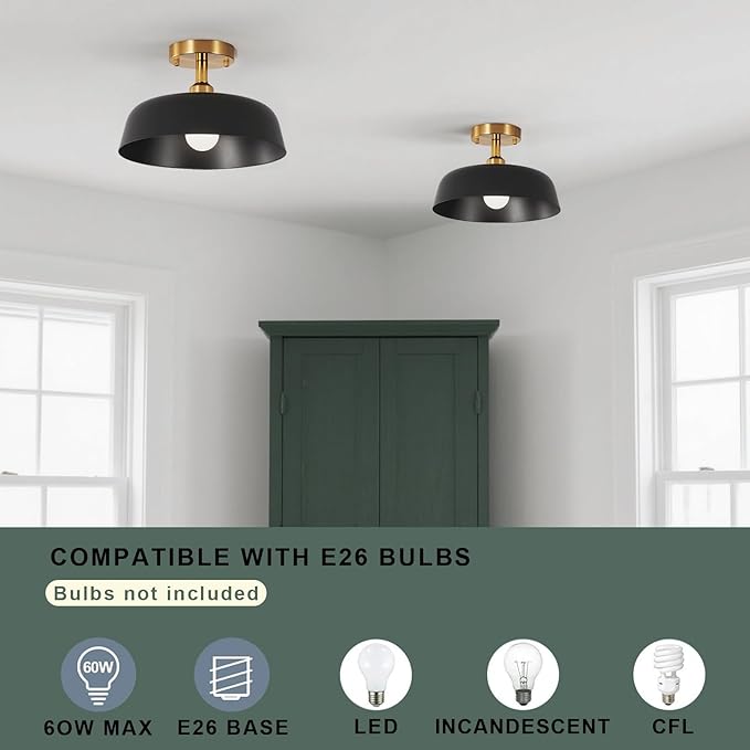 Modern Semi Flush Mount Ceiling Light, 2-Packs Matte Black and Gold Hallway Ceiling Light Fixtures,Mid Century Ceiling Lamp for Kitchen Hallway Entryway Bedroom Laundry Room(2 Packs)