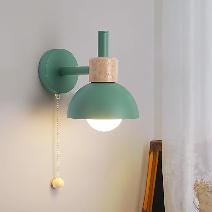 Pull Chain Wall Lights for Bedroom Modern Bathroom Wall Sconce Light with Switch E26 Socket Bedside Wall Lamps for Living Room Vintage Wall Light Fixtures for Hallway Porch Vanity Green