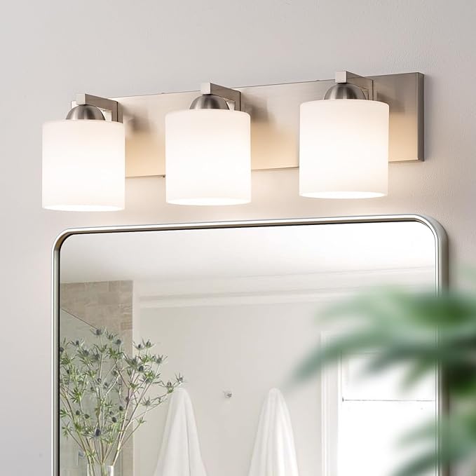 mirrea 22-inch 3-Light Brushed Nickel Vanity Light Fixture for Mirror, Bathroom Wall Sconce with Frosted White Glass Shades