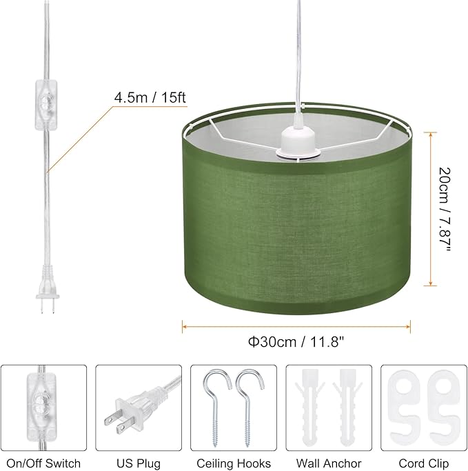 PATIKIL Plug in Pendant Light, 2 Pack 15Ft Rope Cord Hanging Lamp Fixture with ON/Off Switch, Linen Fabric Shade E26/E27 Bulb Socket for Bedroom Kitchen Living Room, Army Green
