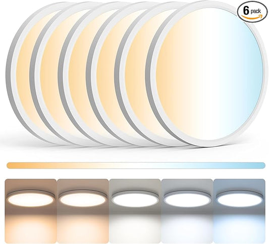 6Pack LED Flush Mount Ceiling Light,12inch 24W,2700K-6500K 5 Color Temperature Selectable Ceiling Lights, 3200LM Low Profile Ceiling Light for Bedroom Kitchen Hallway