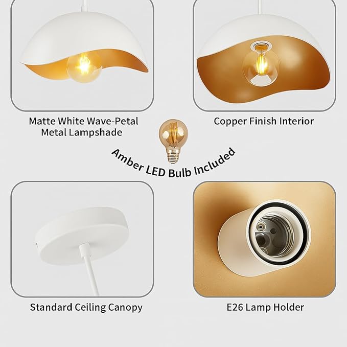Modern Wave Pendant Light, 11" White and Gold Dome Shade, LED Ceiling Light Fixture with Globe Bulb, Contemporary Hanging Light for Kitchen, Dining Room, Bedroom (2 Pack)