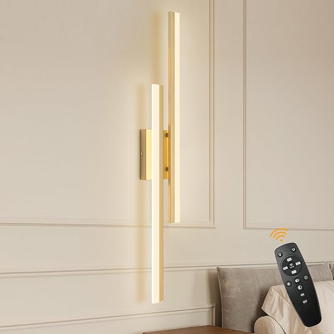 LED Wall Sconce Set of 2 Gold Remote Modern LED Vanity Lights Set of 2 Indoor Wall Light Fixtures for Living Room, Dimmable Wall Sconce for Bedside Bedroom Bathroom, 31.5inch 2 Pack