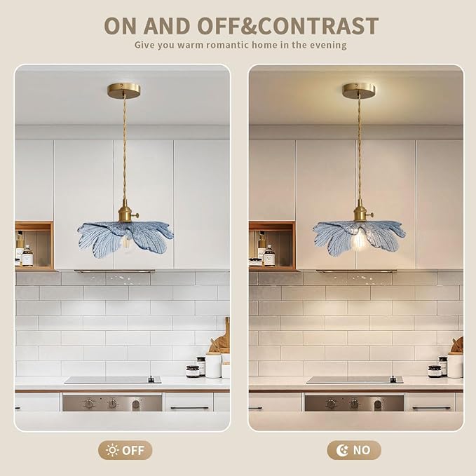 Vintage Glass Pendant Light Gold Brushed Brass Hanging Light with Blue Flower Glass Shade, Farmhouse Pendant Lighting for Kitchen Dining Room Bedroom, 1-Light
