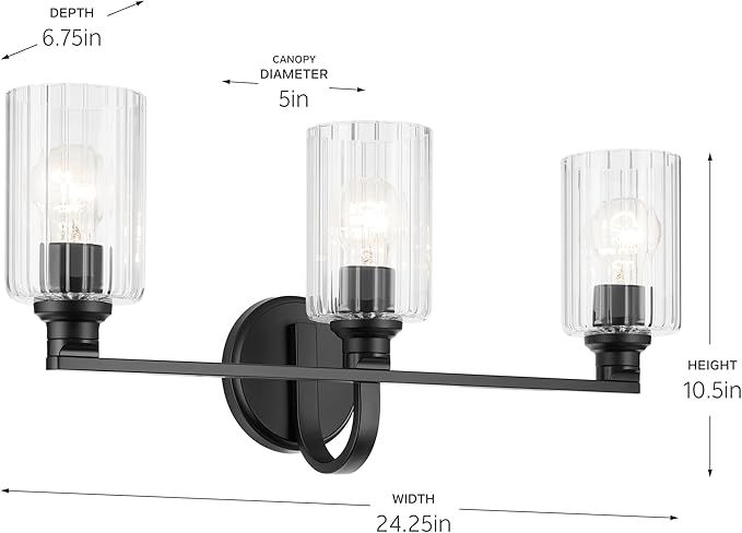 Kichler Gioe 24.25" 3-Light Bathroom Vanity Light Fixture with Clear Fluted Glass in Black, Modern Wall Mount Over Mirror for Powder Room, Damp Rated (24.25" W x 10.5" H), 55226BKFLU