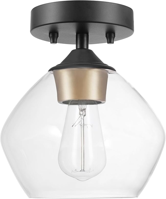 Globe Electric Harrow 1-Light Semi-Flush Mount Ceiling Light with a Matte Black Finish, Gold Accent Socket and Clear Glass Shade, Dimmable Option