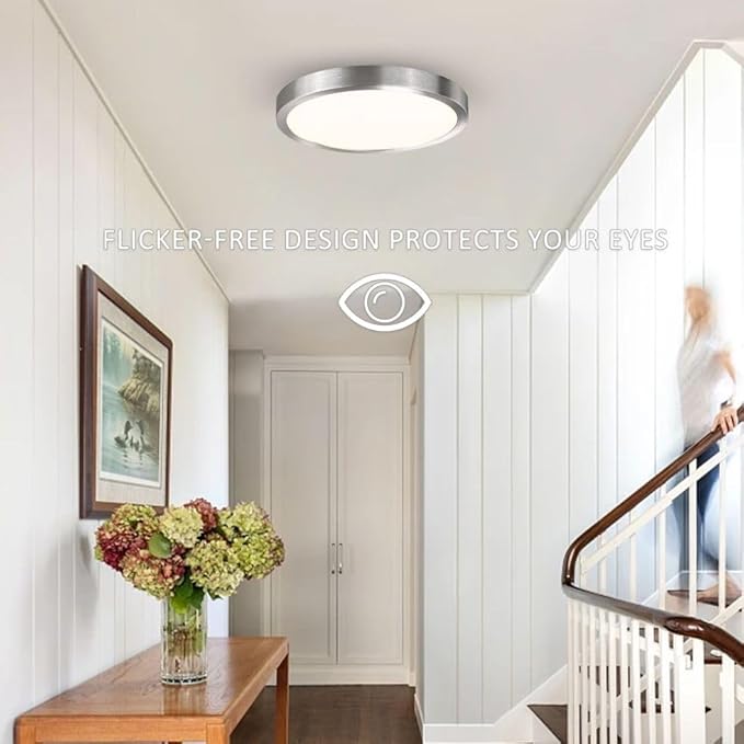 10 Inch LED Flush Mount Ceiling Light Fixture, Super Slim Flush Mount Light for Kitchen, Metal and Glass LED Ceiling Light for Low Ceiling, Hallway, Bathroom, Laundry, Brushed Nickel, 17W, 3000K