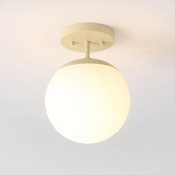 JONATHAN Y 7.75" Beige/White Modern Semi Flush Mount Ceiling Light, LED Fixture for Entryway, White Frosted Glass Globe Shade, Mid-Century Farmhouse Lighting for Bedroom Hallway (JYL7499B)