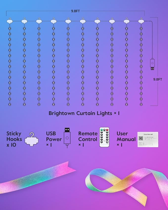 Brightown Smart Curtain String Lights - 9.8ft 300 LED Fairy Lights with APP Remote, 8 Modes, USB Powered Waterproof Christmas Hanging Lights for Bedroom Wedding Party, Multicolor