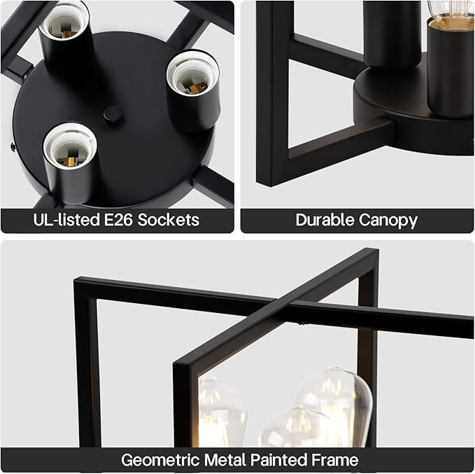 Farmhouse Industrial Ceiling Light Fixture Flush Mount, Black 3-Light Lighting, Modern Rustic Flush Mount Ceiling Lamp for Kitchen, Living Room, Bedroom, Dining Room, Hallway, Entryway, Foyer