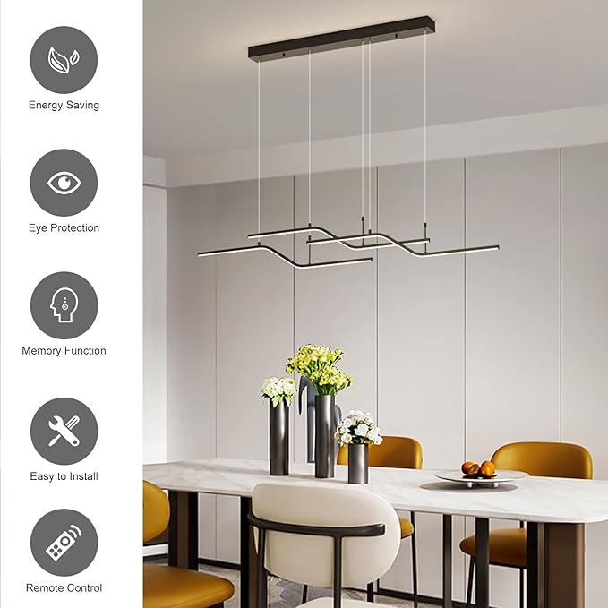 Siittoo Modern LED Chandelier, 45W Dimmable Dining Room Chandelier with Remote, 3-Light Black Wave Linear Hanging Pendant Light Fixture for Kitchen Island Restaurant (52'')