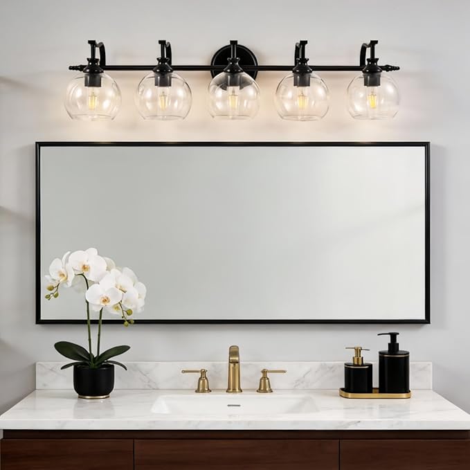 ANDY STAR Black Vanity Light, 5-Light Bathroom Light Fixture, 35" Large Bathroom Lighting Over Mirror, Industrial Wall Sconce, Perfect for Big Bathrooms, Double Vanities, Long-Length Elegant Design