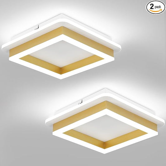 CANEOE 2 Packs Square Flush Mount Ceiling Light, 6000K Modern LED Ceiling Light Fixture, Minimalist Hallway Lighting Fixture Ceiling Lamp for Hallway Entryway Bedroom Balcony (Gold)