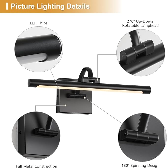 DESOOP Black Picture Lights for Wall Dimmable Art Lights for Paintings Hard-Wired LED Painting Light Gallery Light for Portrait, Artwork, Frame 15.75 Inch 7W Warm White
