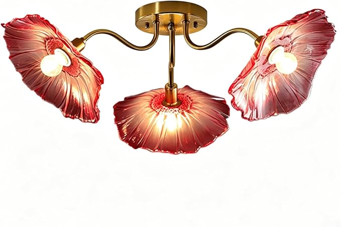 Pink Flower Chandelier 3-Lights Mid Century Modern Ceiling Light Glass Close to Ceiling Light Fixtures Sputnik Flush Mount Chandeliers Gold Brass Chandelier for Dining Living Room