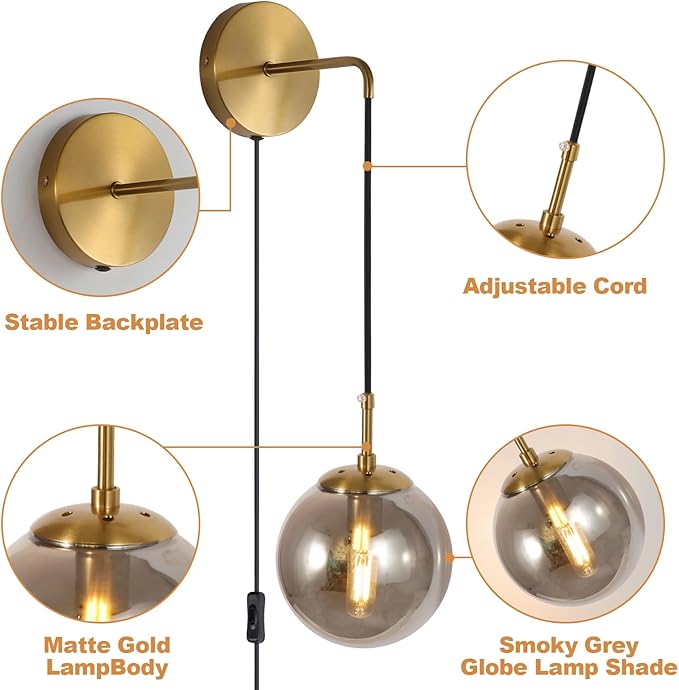 Wall Sconces Set of Two Plug in Wall Sconces 🔥🔥🔥 with Globe Smoke Grey Glass Shade Wall Lamp with Cord Wall Sconce Plug in Brushed Brass Gold Plug in Wall Sconces Set of 2 Plug in Wall Light Sconce