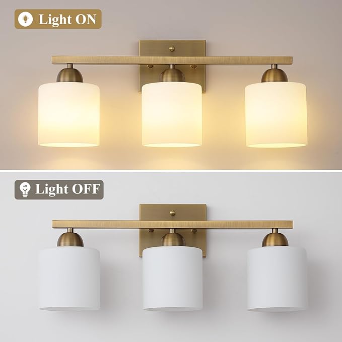 Mecgirn Milk Glass Vanity Lights for Bathroom, 3 Light Brass Bathroom Light Fixtures Over Mirror, Ceramic E26 Sockets Wall Mounted