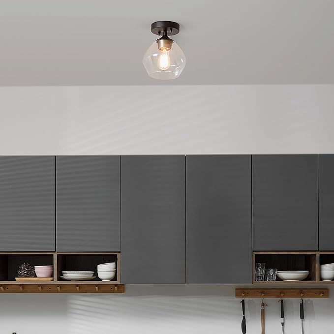 Globe Electric Harrow 1-Light Semi-Flush Mount Ceiling Light with a Matte Black Finish, Gold Accent Socket and Clear Glass Shade, Dimmable Option