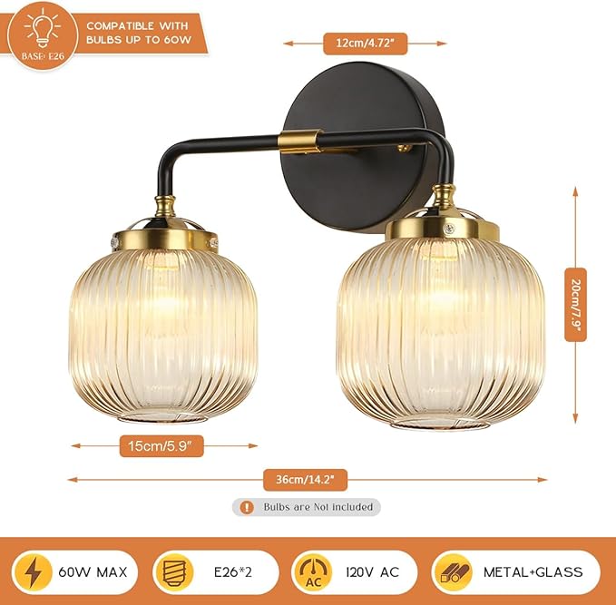 Bathroom Lights fixtures Vanity Light for Bath Wall Sconce Industrial Modern Glass Vanity Lights 2 Lights Amber Light Fixture Farmhouse Wall Mount Lamp Mid Century Vintage Wall Lamp
