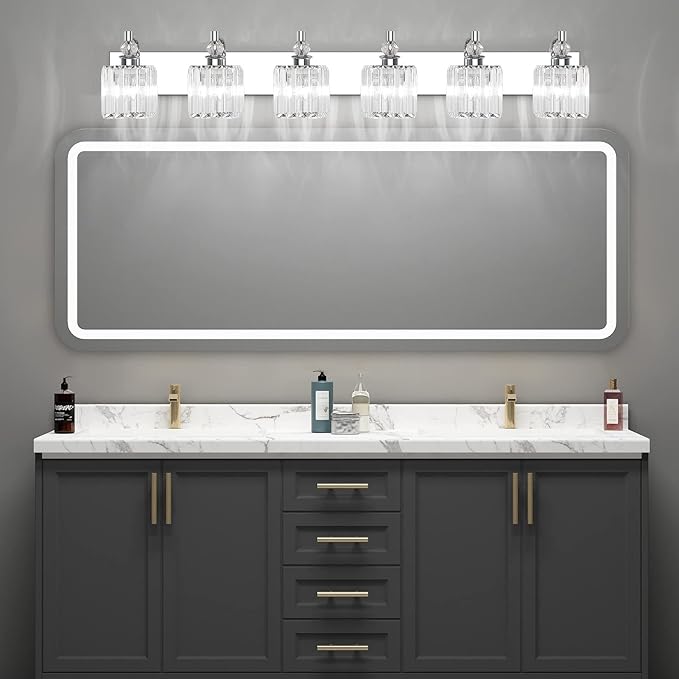 Ralbay Crystal Vanity Light 6 Light 48''Modern Chrome Bathroom Vanity Lighting Over Long Mirror Crystal Bathroom Wall Lighting Fixtures