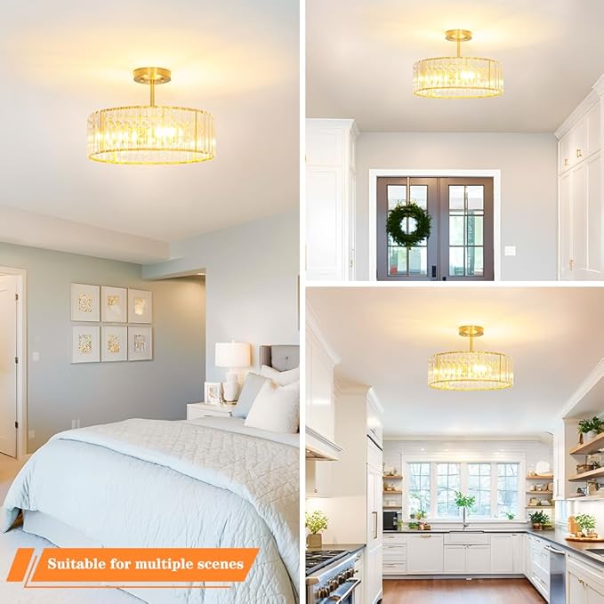 Modern Crystal Ceiling Light Fixture, Semi Flush Mount Ceiling Light, Brushed Brass Hallway Lighting Fixtures Chandelier, Crystal Chandelier for Kitchen Bedroom Dining Room Closet, 5-Light, 16 Inch