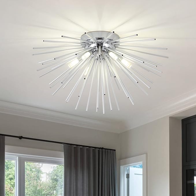 CM MZY Sputnik Flush Mount Ceiling Light Fixture, 6-Light Chrome Firework Ceiling Lights, 19.6" Modern Chandeliers Close to Ceiling Lamp for Bedroom Kitchen Hallway Entryway, G9 Socket