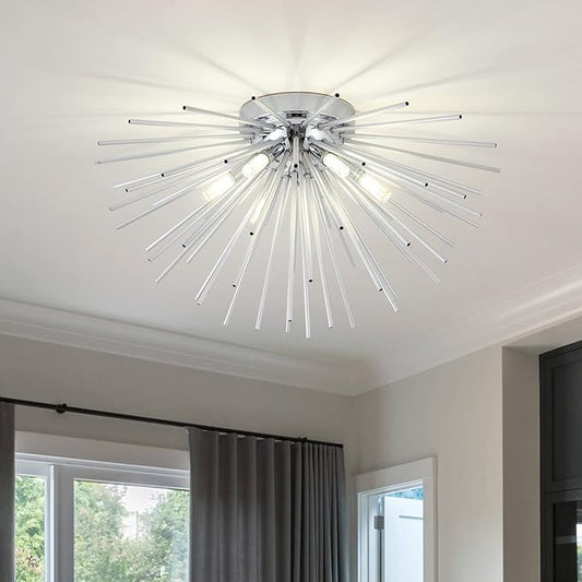 CM MZY Sputnik Flush Mount Ceiling Light Fixture, 6-Light Chrome Firework Ceiling Lights, 19.6" Modern Chandeliers Close to Ceiling Lamp for Bedroom Kitchen Hallway Entryway, G9 Socket