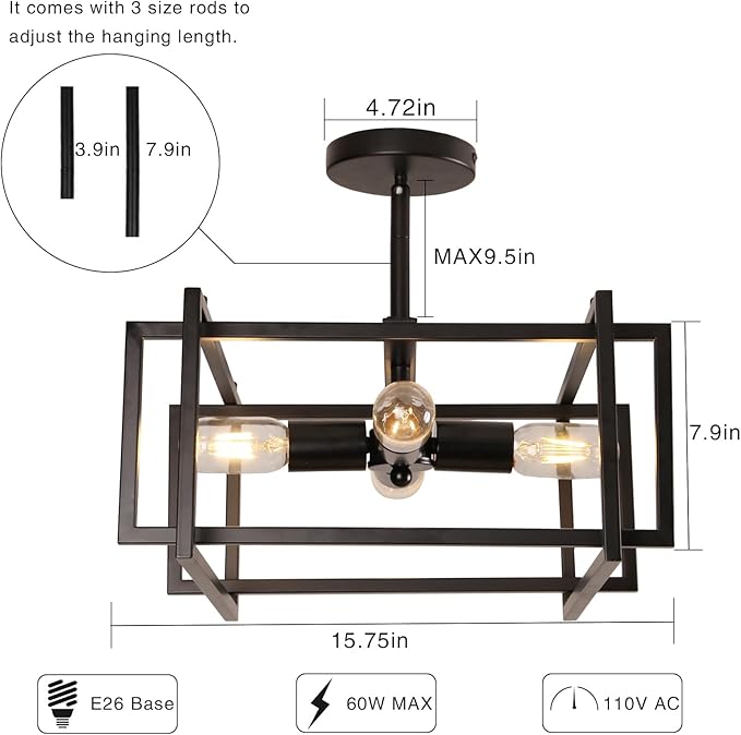 HuisMier 4 Lights Black Industrial Ceiling Light Fixtures, Farmhouse Semi Flush Mount Ceiling Light Fixture Black Industrial Chandelier for Kitchen Island Dining Room Bedroom Foyer Hallway
