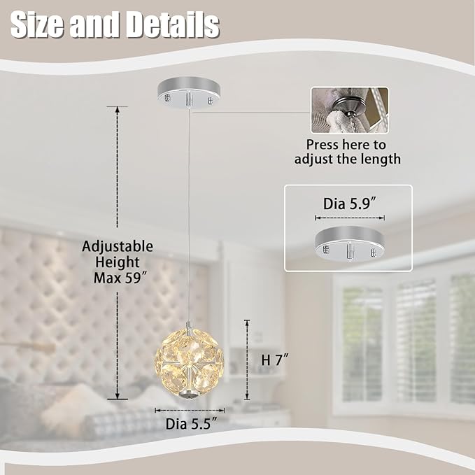 ykolupty Pendant Lights Kitchen Island Crystal Globe Chandelier LED Silver Island Light Crystal Pendant Light for Dining Foyer Entrance