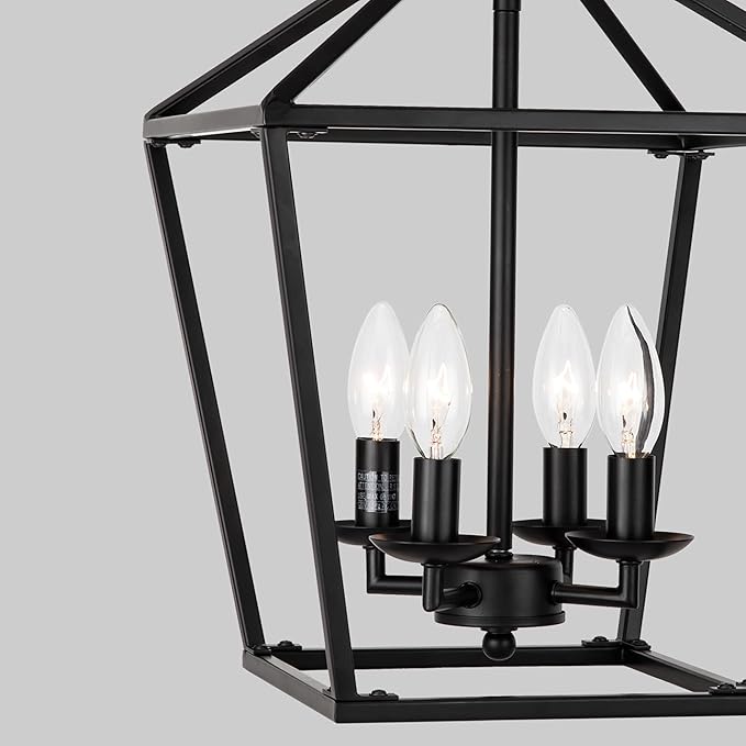 Untrammelife 4-Light Black Lantern Pendant Light, Adjustable Height Square Cage Chandelier 11''W Rustic Hanging Lighting Fixture for Dining Room Kitchen Island Foyer