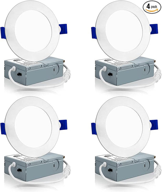 Meconard 4 Pack 4 Inch LED Recessed Ceiling Light with Junction Box, 3000K/4000K/5000K Selectable, 9W=75W 750LM, Dimmable Canless Downlights, ETL and Energy Star Listed