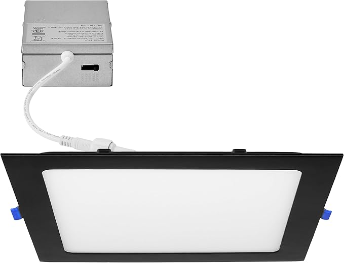 Maxxima 8 in. 5 CCT Square Recessed LED Downlight, 1400 Lumens, Slim Flat Panel Color Selectable (2700K/3000K/3500K/4000K/5000K), Dimmable, Canless IC Rated, Black Trim, J-Box Included
