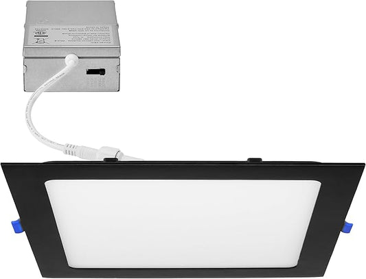 Maxxima 8 in. 5 CCT Square Recessed LED Downlight, 1400 Lumens, Slim Flat Panel Color Selectable (2700K/3000K/3500K/4000K/5000K), Dimmable, Canless IC Rated, Black Trim, J-Box Included