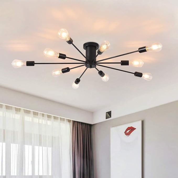 Garwarm Semi Flush Mount Ceiling Light, 10-Light Modern Black Sputnik Chandelier Industrial Ceiling Lamp for Kitchen Dining Room Living Room Bedroom Foyer Lighting Fixture