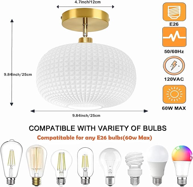 Semi Flush Mount Ceiling Light Fixture,Milk White Glass Ceiling Light,Kitchen Ceiling Light Fixture,Upgrade Sloped Ceiling Lights,Vintage Ceiling Lamp,Mid-Century Ceiling Light for Entryway Bedroom