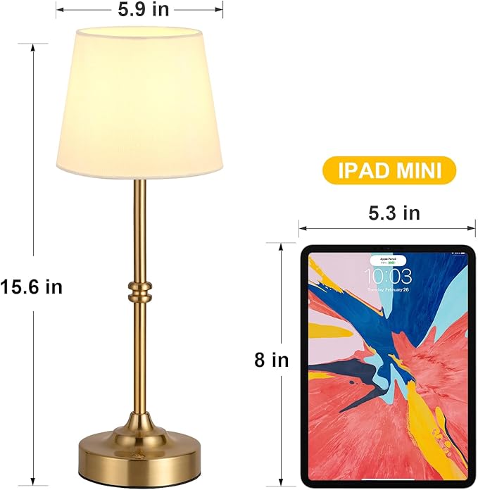 Kakanuo Rechargeable Cordless Table Lamp Gold - 1 Pack Brass 4000mAh Battery Operated Lamp, 3000K Warm Light, Touch Control Stepless Dimming, for Bedside, Dining Table, Home Decor