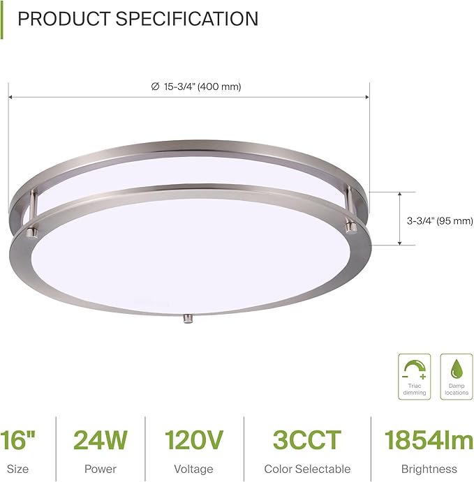 ASD LED 16" Round Flush Mount Lighting, Close to Ceiling Light Fixture | 3CCT, Dimmable, Energy Star, ETL Listed | 24W 1854LM 3000-5000K 120V | Low Profile Double Ring Lamp | Nickel