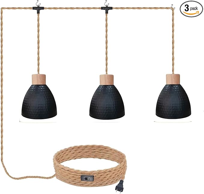 3-Light Plug in Pendant Light 22FT Industrial Hanging Lamp with Twisted Hemp Rope Independent Triple Switch Hanging Light Chandelier for Dining Room Kitchen, Black Finish
