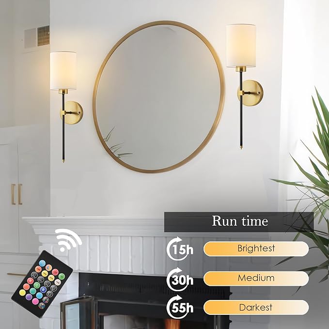 Battery Operated Wall Sconce Set of Two, Wireless Rechargeable Wall Light With Remote Control, Dimmable, 4 Color Temperatures, RGB, Timer, for Living Room,Bedroom,Entryway, Black Gold, 26.8 Inch