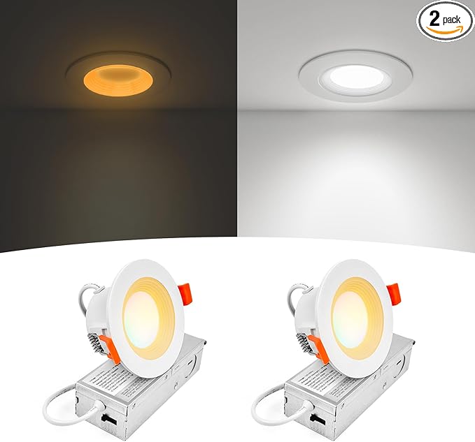 3 Inch Anti-Glare Recessed LED Lights with Night Light, Deep Baffle Downlight, Dimmable, 2700K-5000K 5CCT Selectable, with Junction Box, Canless, 680lm, ETL Listed, White, 2-Pack