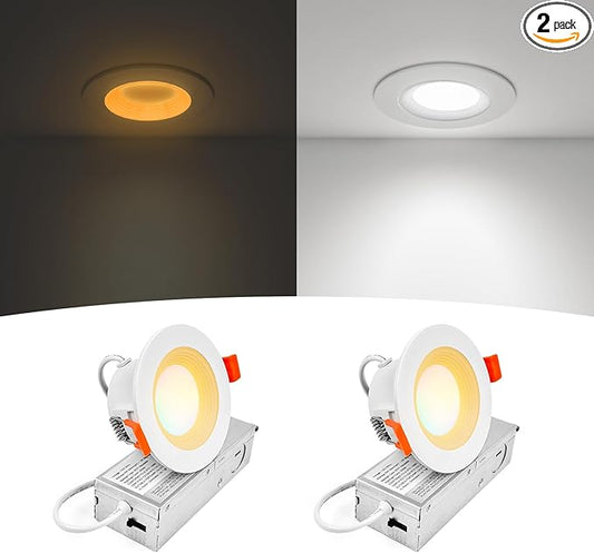 3 Inch Anti-Glare Recessed LED Lights with Night Light, Deep Baffle Downlight, Dimmable, 2700K-5000K 5CCT Selectable, with Junction Box, Canless, 680lm, ETL Listed, White, 2-Pack