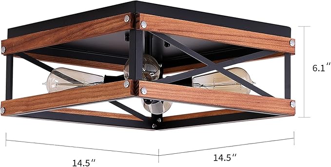 4-Light Rustic famrhouse Flush Mount Ceiling Light Metal and Wood Square Flush Mount Ceiling Light Fixture for Hallway Bedroom Kitchen Entryway Living Room, Black