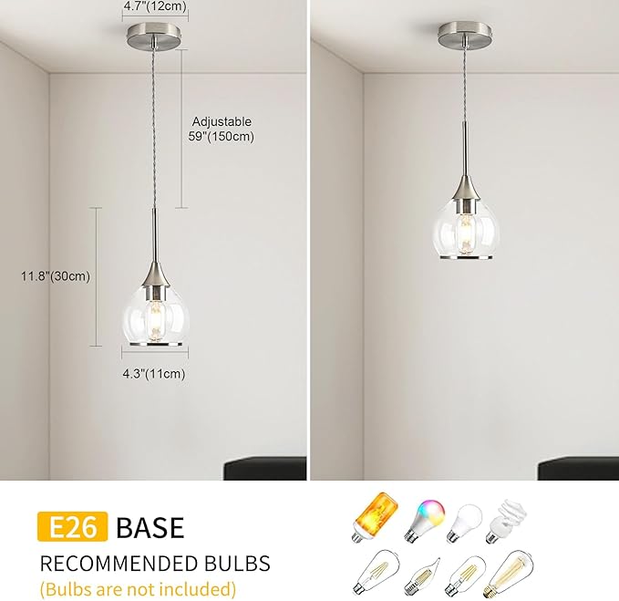1-Piece Island Light for Kitchen, 1-Light Brushed Nickel Kitchen Island Hanging Pendant Light with Clear Round Glass Shades, Brushed Nickel Finish Dining Room Light Fixture Over Table
