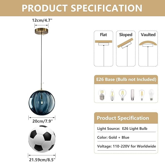 KCO Lighting Glass Globe Pendant Light Single Blue Pendant Lights Kitchen Island Brushed Gold Hanging Light Fixture Mid Century Retro Hanging Lamp Vintage Striped Pendant Light