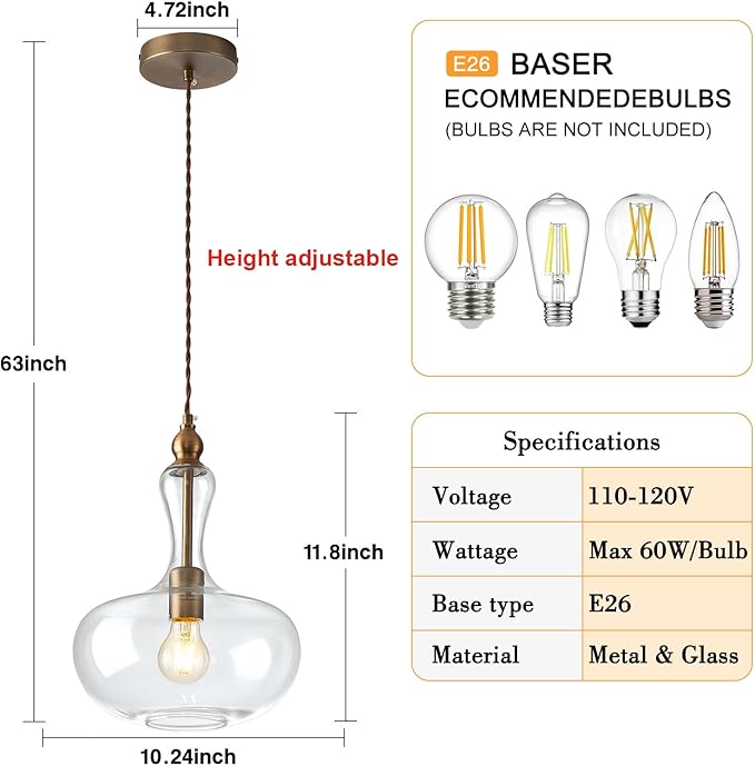 Glass Pendant Light Vintage Brass Kitchen Island Pendant Light with Clear Glass Shade for Dining Room Kitchen Entrance Stairs